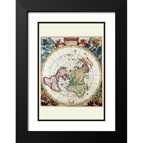 Polar Projection Map of the World Black Modern Wood Framed Art Print with Double Matting by Dankertz, Cornelis