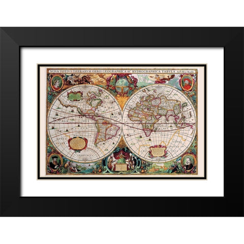 Stereographic Map of the World Black Modern Wood Framed Art Print with Double Matting by Hondius, Jodocus