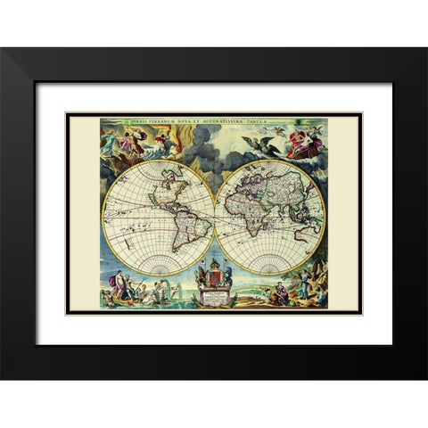 Stereographic Map of the World Black Modern Wood Framed Art Print with Double Matting by Pitt, Moses