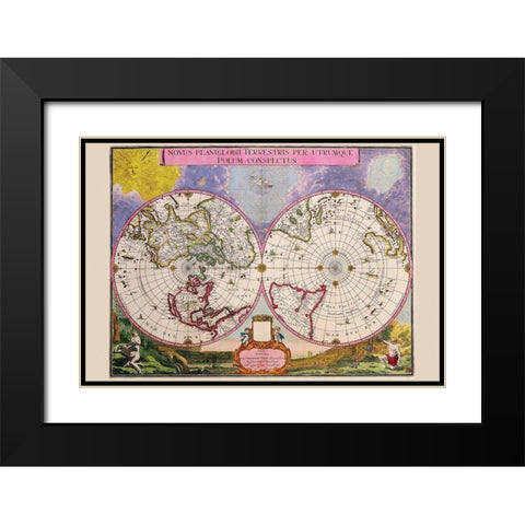 Novus Planiglobii Terrestris Per Utrumque Polum Conspectus Stereographic Map of the World Black Modern Wood Framed Art Print with Double Matting by Blaeu, Joan