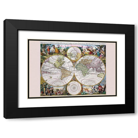 Stereographic Map of the World with Classical Illustration Black Modern Wood Framed Art Print with Double Matting by Valk, Gerard