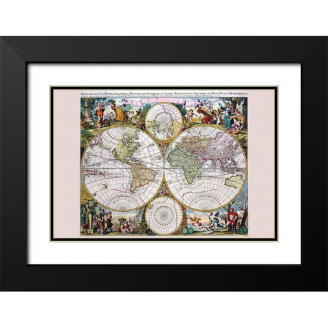 Stereographic Map of the World with Classical Illustration Black Modern Wood Framed Art Print with Double Matting by Valk, Gerard