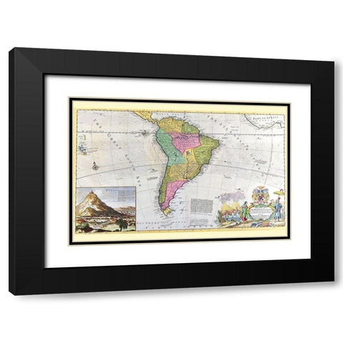 Antique Map of South America Black Modern Wood Framed Art Print with Double Matting by Moll, Hermann
