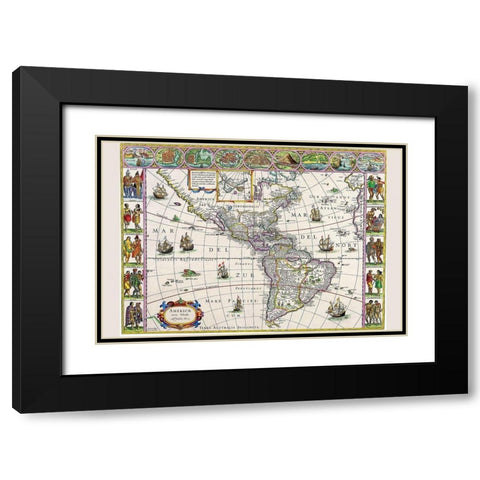 New Map of the Americas Black Modern Wood Framed Art Print with Double Matting by Blaeu, Willem