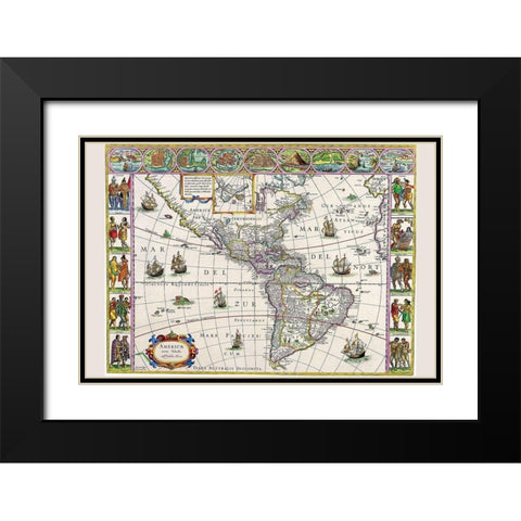 New Map of the Americas Black Modern Wood Framed Art Print with Double Matting by Blaeu, Willem