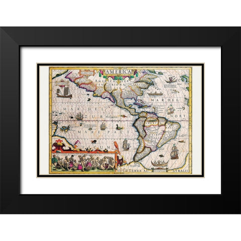 The Americas Black Modern Wood Framed Art Print with Double Matting by Hondius, Jodocus