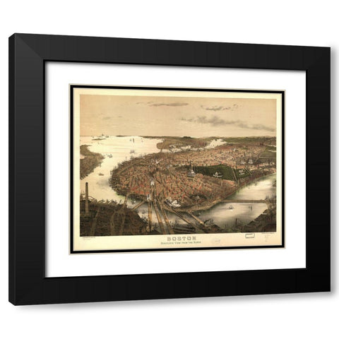 Birds Eye View of Boston 1877 Black Modern Wood Framed Art Print with Double Matting by Prang & Company