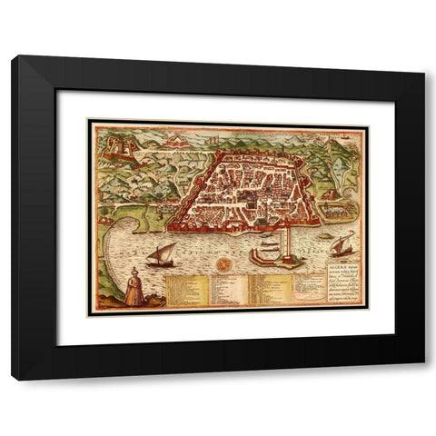 Algiers Algeria Black Modern Wood Framed Art Print with Double Matting by Hogenberg, Braun
