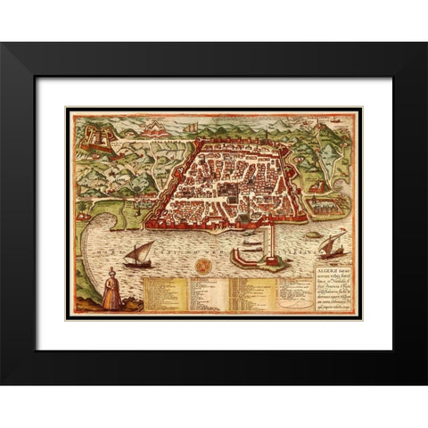 Algiers Algeria Black Modern Wood Framed Art Print with Double Matting by Hogenberg, Braun