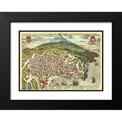 Catania Sicily Black Modern Wood Framed Art Print with Double Matting by Hogenberg, Braun