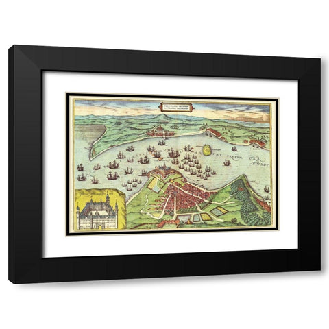 Elsinore Denmark Black Modern Wood Framed Art Print with Double Matting by Hogenberg, Braun
