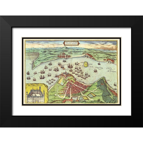 Elsinore Denmark Black Modern Wood Framed Art Print with Double Matting by Hogenberg, Braun