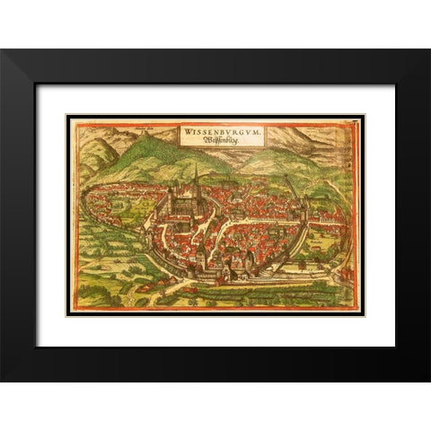 Wissembourg White Castle Alsace Black Modern Wood Framed Art Print with Double Matting by Hogenberg, Braun
