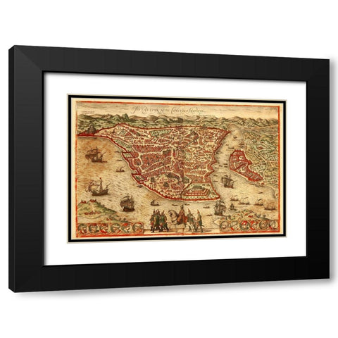 Istanbul Black Modern Wood Framed Art Print with Double Matting by Hogenberg, Braun