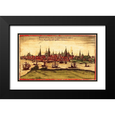 Rostock Germany Black Modern Wood Framed Art Print with Double Matting by Hogenberg, Braun