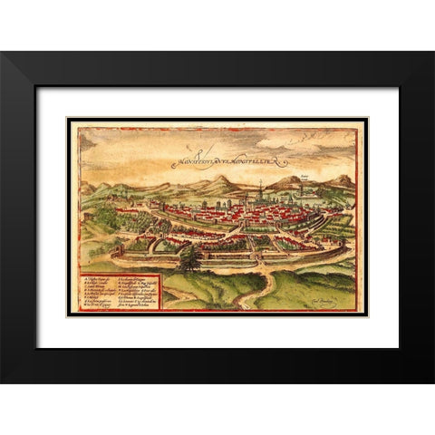 Montpellier France Black Modern Wood Framed Art Print with Double Matting by Hogenberg, Braun
