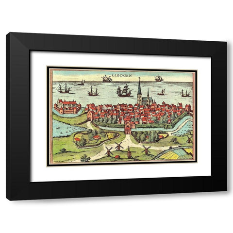 Malmo Sweden Black Modern Wood Framed Art Print with Double Matting by Hogenberg, Braun