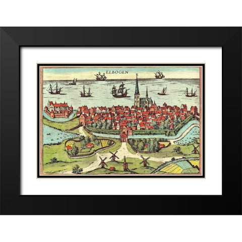 Malmo Sweden Black Modern Wood Framed Art Print with Double Matting by Hogenberg, Braun