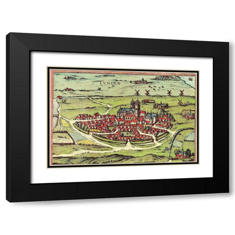 Lund Sweden Black Modern Wood Framed Art Print with Double Matting by Hogenberg, Braun
