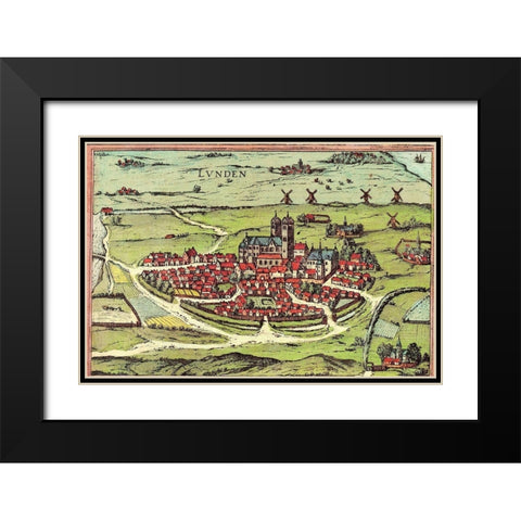 Lund Sweden Black Modern Wood Framed Art Print with Double Matting by Hogenberg, Braun