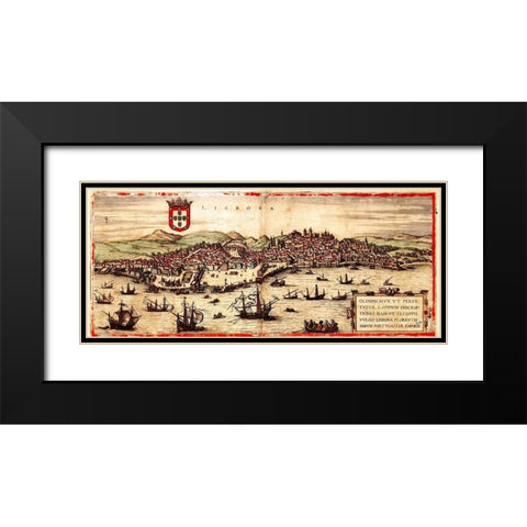 Lisbon Portugal Black Modern Wood Framed Art Print with Double Matting by Hogenberg, Braun