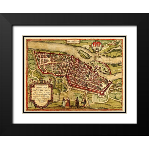 Magdeburg Germany Black Modern Wood Framed Art Print with Double Matting by Hogenberg, Braun