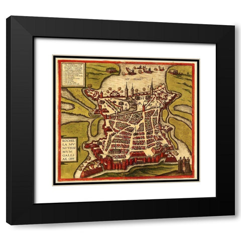 La Rochelle France Black Modern Wood Framed Art Print with Double Matting by Hogenberg, Braun