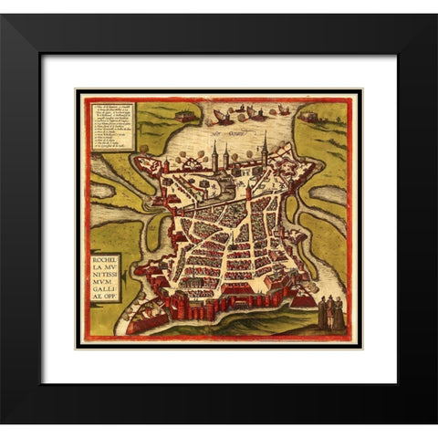 La Rochelle France Black Modern Wood Framed Art Print with Double Matting by Hogenberg, Braun