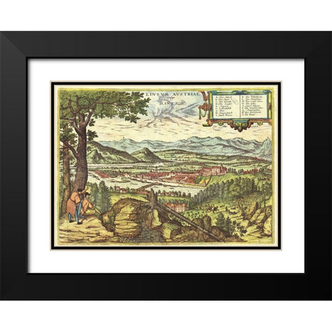 Linz Austria Black Modern Wood Framed Art Print with Double Matting by Hogenberg, Braun