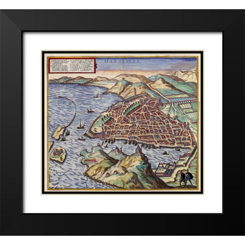Marseille France Black Modern Wood Framed Art Print with Double Matting by Hogenberg, Braun