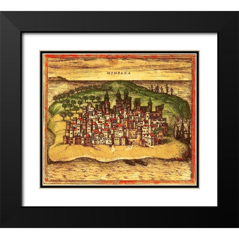 Mombasa Kenya Africa Black Modern Wood Framed Art Print with Double Matting by Hogenberg, Braun
