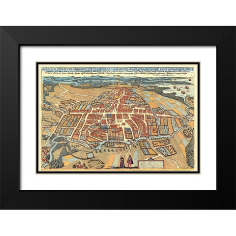 Odense Denmark Black Modern Wood Framed Art Print with Double Matting by Hogenberg, Braun