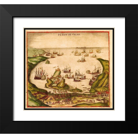 Penon de Velez de la Gomera Black Modern Wood Framed Art Print with Double Matting by Hogenberg, Braun