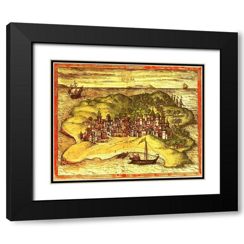 Kilwa Tanzania Black Modern Wood Framed Art Print with Double Matting by Hogenberg, Braun