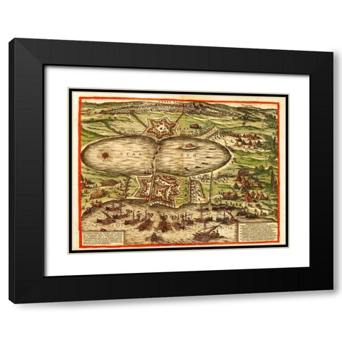 Tunis Carthage Tunisia Black Modern Wood Framed Art Print with Double Matting by Hogenberg, Braun