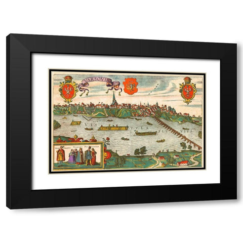 Warsaw Poland Black Modern Wood Framed Art Print with Double Matting by Hogenberg, Braun