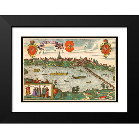 Warsaw Poland Black Modern Wood Framed Art Print with Double Matting by Hogenberg, Braun