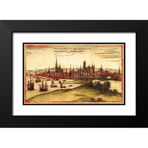 Wismar Germany Black Modern Wood Framed Art Print with Double Matting by Hogenberg, Braun