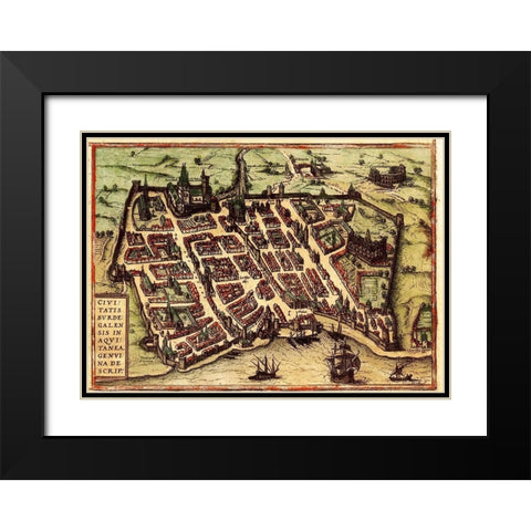 Bordeaux France Black Modern Wood Framed Art Print with Double Matting by Hogenberg, Braun