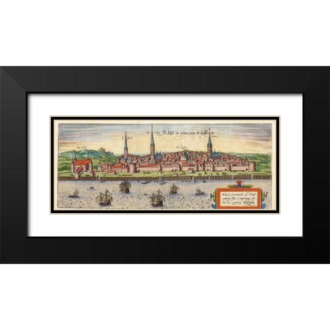 Riga Latvia Black Modern Wood Framed Art Print with Double Matting by Hogenberg, Braun