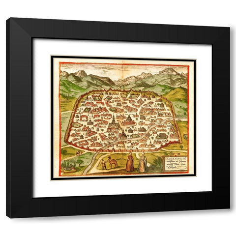Damascus Syria Black Modern Wood Framed Art Print with Double Matting by Hogenberg, Braun