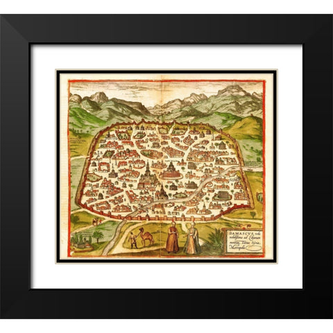 Damascus Syria Black Modern Wood Framed Art Print with Double Matting by Hogenberg, Braun