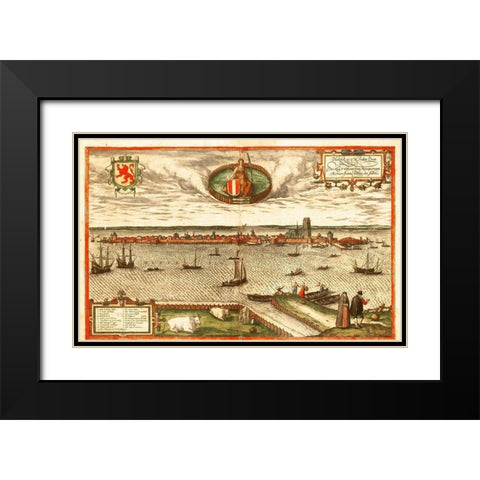 Dordrecht Netherlands Black Modern Wood Framed Art Print with Double Matting by Hogenberg, Braun