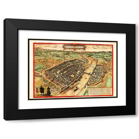 Frankfurt Am Main Black Modern Wood Framed Art Print with Double Matting by Hogenberg, Braun