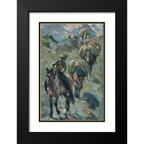 Ponies on the Trail Black Modern Wood Framed Art Print with Double Matting by Rungius, Carl