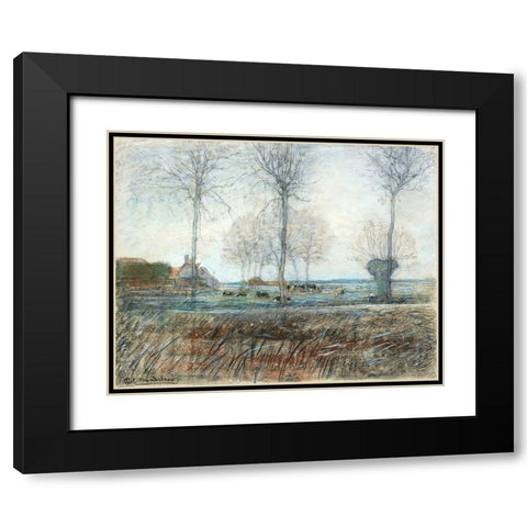 Farm Setting-Three Tall Trees in the Foreground Black Modern Wood Framed Art Print with Double Matting by Mondrian, Piet
