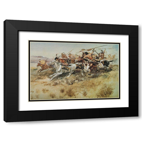 Indians Attacking Black Modern Wood Framed Art Print with Double Matting by Russell, Charles Marion