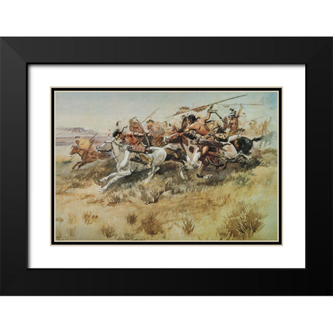 Indians Attacking Black Modern Wood Framed Art Print with Double Matting by Russell, Charles Marion