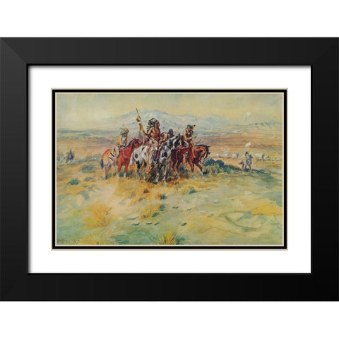 Intercepted Wagon Train Black Modern Wood Framed Art Print with Double Matting by Russell, Charles Marion