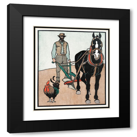 Man with Rooster and Horse Black Modern Wood Framed Art Print with Double Matting by Penfield, Edward